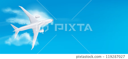 Realistic 3D plane flying on blue sky background 119287027