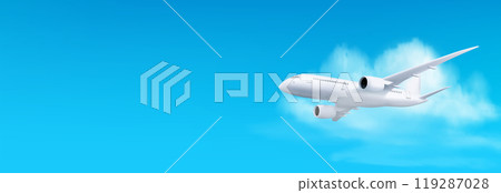 3d white airplane flying on blue sky landscape 119287028