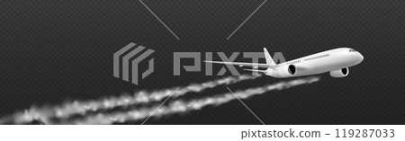 Plane condensation trail with smoke cloud vector 119287033
