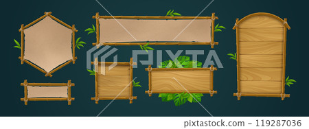 Realistic set of bamboo wood and paper signboards Realistic set of bamboo wood and paper signboards 119287036
