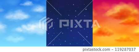 Realistic set of morning, night and sunset sky Realistic set of morning, night and sunset sky 119287037