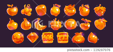 Cartoon set of golden slot machine icons Cartoon set of golden slot machine icons 119287076