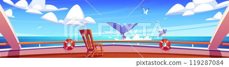 Cruise ship deck with gull birds and whale view 119287084
