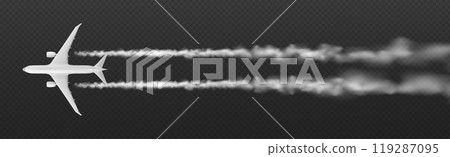 Plane condensation trail with smoke cloud vector 119287095