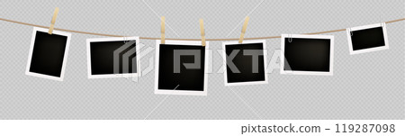 Realistic set of instant photos hanging on rope Realistic set of instant photos hanging on rope 119287098