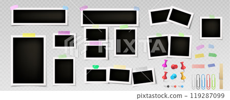 Vector photo frame collage with push pin and tape 119287099