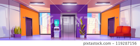 Office corridor with elevator and cabinet door 119287156