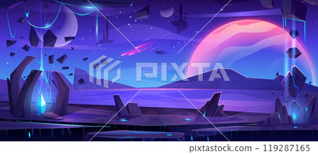 Cartoon alien planet landscape with neon crystals 119287165