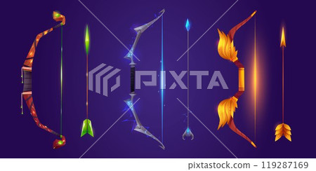 Cartoon set of fantasy bows and arrows 119287169