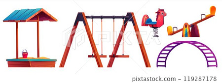 Cartoon set of playground equipment on white Cartoon set of playground equipment on white 119287178