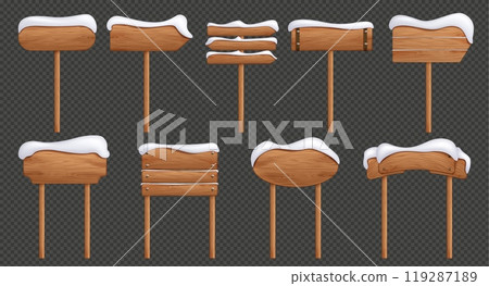 Realistic wooden signboards covered with snow Realistic wooden signboards covered with snow 119287189