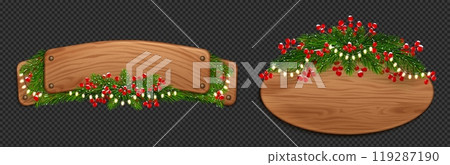 Christmas wood sign board with fir and red berries Christmas wood sign board with fir and red berries 119287190