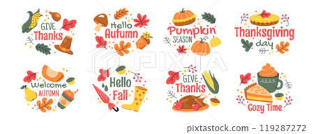 Fall stickers with autumn phrases, hand drawn lettering and quotes for thanksgiving day 119287272