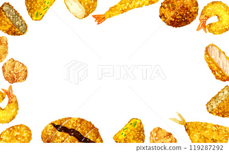 油炸食品框架手繪水彩插畫烹飪和食物背景素材 119287292