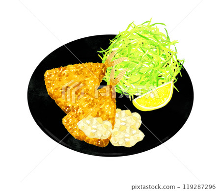 盤子裡的炸竹莢魚和切碎的白菜 手繪水彩烹飪和食物插畫素材 119287296
