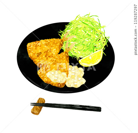 Fried horse mackerel and shredded cabbage on a plate. Hand-drawn watercolor illustration of cuisine and food. 119287297