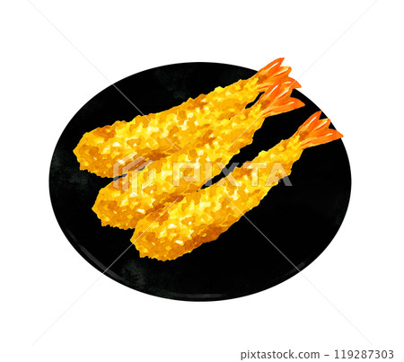 Fried shrimp on a plate Hand-drawn watercolor illustration of cuisine and food 119287303