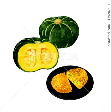 Pumpkin croquette and pumpkin set Hand-drawn watercolor illustration of food and cuisine 119287304