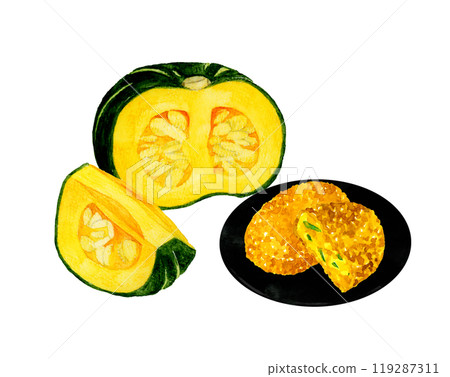 南瓜炸丸子和南瓜套裝，手繪水彩插畫材料，用於烹飪和食品 119287311