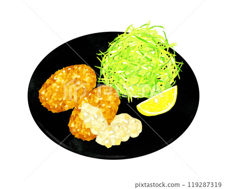 盤子上的蟹膏炸丸子和切碎的捲心菜手繪水彩烹飪和食物插畫素材 盤子上的蟹膏炸丸子和切碎的捲心菜手繪水彩烹飪和食物插畫素材 119287319