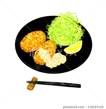 盤子上的蟹膏炸丸子和切碎的捲心菜手繪水彩烹飪和食物插畫素材 119287320