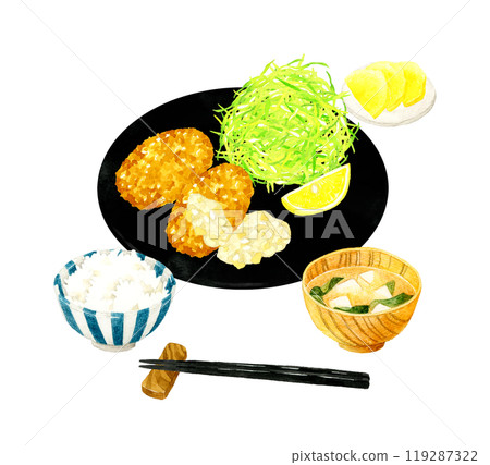 Crab cream croquette set meal Hand-drawn watercolor illustration of cuisine and food 119287322