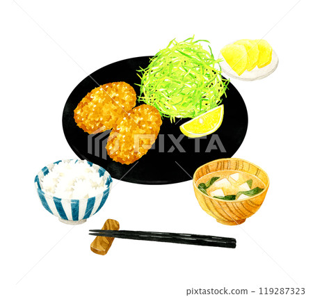 Crab cream croquette set meal Hand-drawn watercolor illustration of cuisine and food 119287323