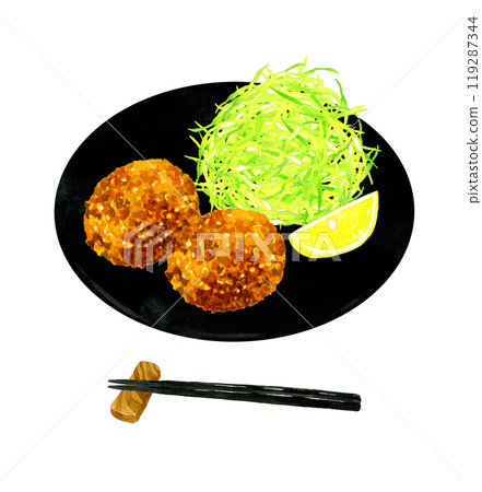 Minced meat cutlet and shredded cabbage on a plate Hand-drawn watercolor illustration of cuisine and food 119287344