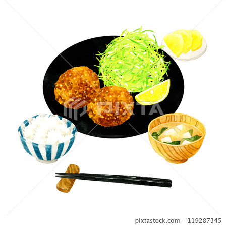 肉末炸肉排套餐 烹飪與食物手繪水彩插畫素材 119287345