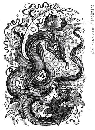 Hand drawn graphic illustration with snake - symbol of the year according to chinese calendar horoscope, moon and flowers. Esoteric, gothic and mystic artwork, epic concept for print, tattoo 119287362