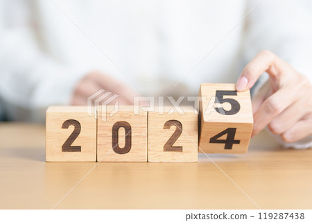 2024 change to 2025 year block on table. goal, Resolution, strategy, plan, start, budget, mission, action, motivation and New Year concepts 2024 change to 2025 year block on table. goal, Resolution, strategy, plan, start, budget, mission, action, motivation and New Year concepts 119287438