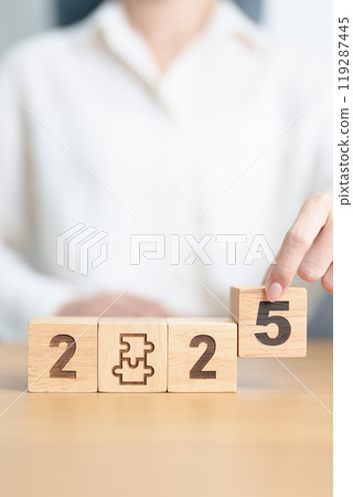 2025 block with jigsaw puzzle icon. Business Process, Team, teamwork, Goal, mission, Resolution, strategy, plan, Action, partnership, and New Year start 119287445