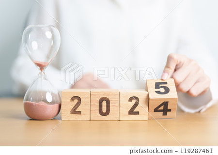 2024 end year to Happy New Year 2025 with hourglass on table. Resolution, time, plan, goal, motivation, reboot, countdown and New Year holiday concepts 2024 end year to Happy New Year 2025 with hourglass on table. Resolution, time, plan, goal, motivation, reboot, countdown and New Year holiday concepts 119287461