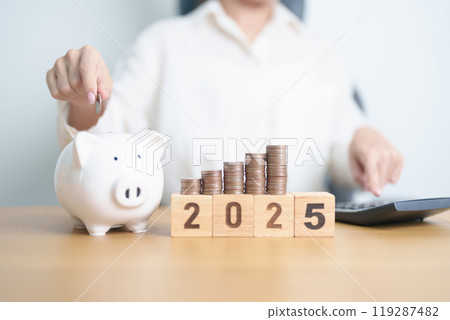 Happy New Year 2025 with piggy bank. Resolution, Goals, Plan, Action, Money Saving, Retirement fund, Pension, Investment and Financial concepts 119287482