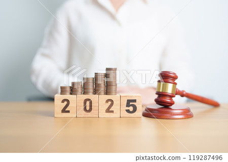 Happy New Year 2025 with judge gavel and money coins stack on desk. Law cost, lawyer, judgment, justice auction and bidding concepts Happy New Year 2025 with judge gavel and money coins stack on desk. Law cost, lawyer, judgment, justice auction and bidding concepts 119287496