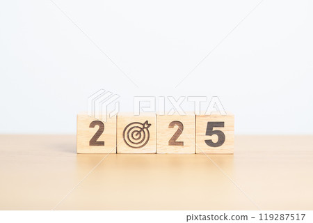 2025 year block with dartboard icon. Goal, Target, Resolution, strategy, plan, Action, mission, motivation, and New Year start concepts 119287517