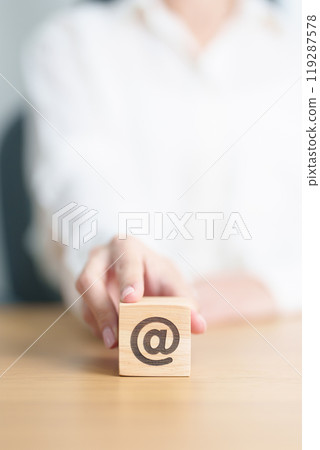 Contact Us concepts. Wood block of Website Address sign. For Customer support hotline, business Marketing, Corporate, communication and Advertising 119287578