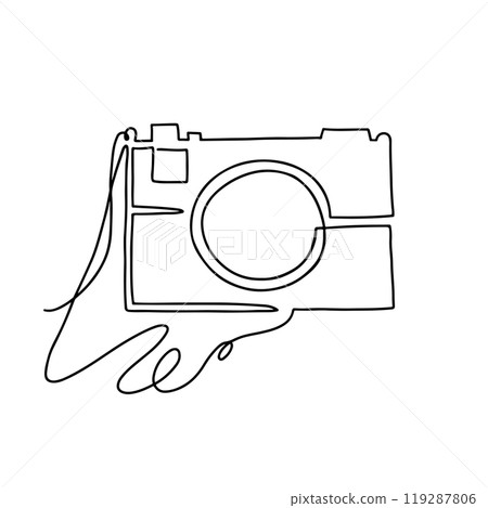 Continuous line art photo camera, single line sketch, isolated on white background. 119287806