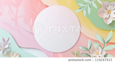 Layered Pastel banner Background with Round Frame and Paper Flowers on Soft Pink and Green Surface 119287815