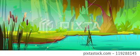 Green summer forest lake with cane and willow tree Green summer forest lake with cane and willow tree 119288145