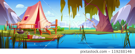 Mountain camp with tent on lake island Mountain camp with tent on lake island 119288146