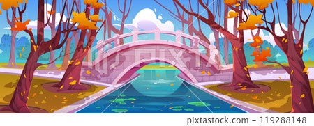 Bridge in autumn park with river cartoon landscape Bridge in autumn park with river cartoon landscape 119288148