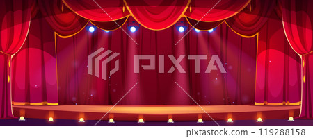 Cartoon theater concert stage with red curtain 119288158