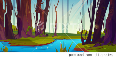 River flowing in summer forest with sun beam 119288160