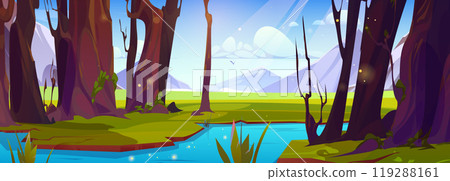 Mountain river flowing in forest, sunny weather Mountain river flowing in forest, sunny weather 119288161