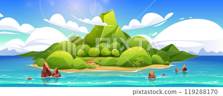 Tropical volcano island in sea cartoon landscape Tropical volcano island in sea cartoon landscape 119288170