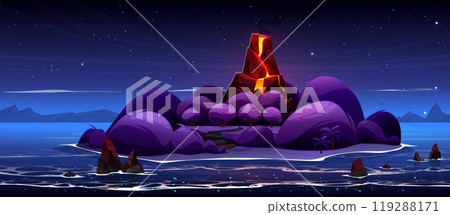 Night volcano island in ocean vector background Night volcano island in ocean vector background 119288171