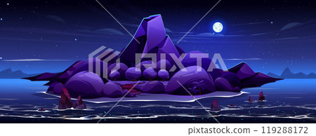 Night volcano island in ocean vector background 119288172