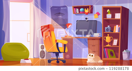 Vector workplace with computer for study and cat Vector workplace with computer for study and cat 119288178