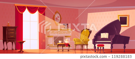 Old victorian living room interior with piano Old victorian living room interior with piano 119288183